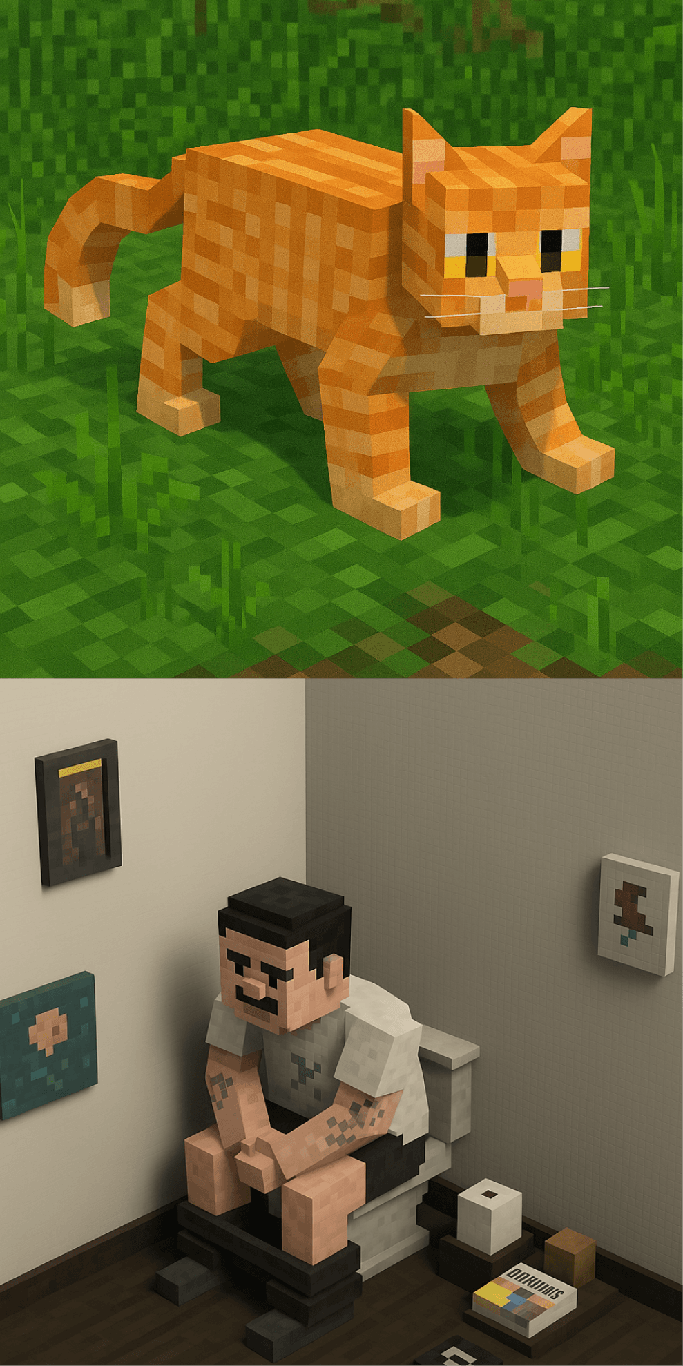 2 pictures, a cat and a person sitting on a toilet in minecraft, no context