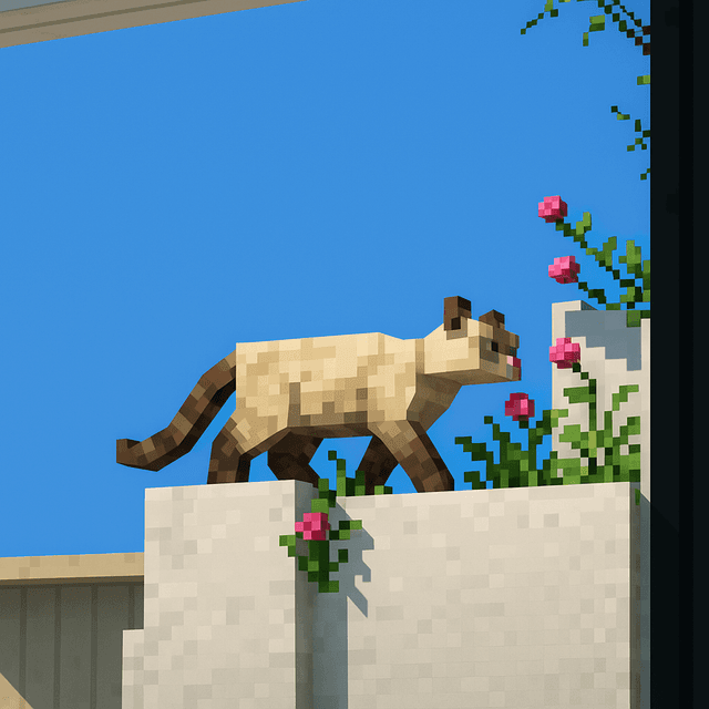 A cubic white cat walking on a wall